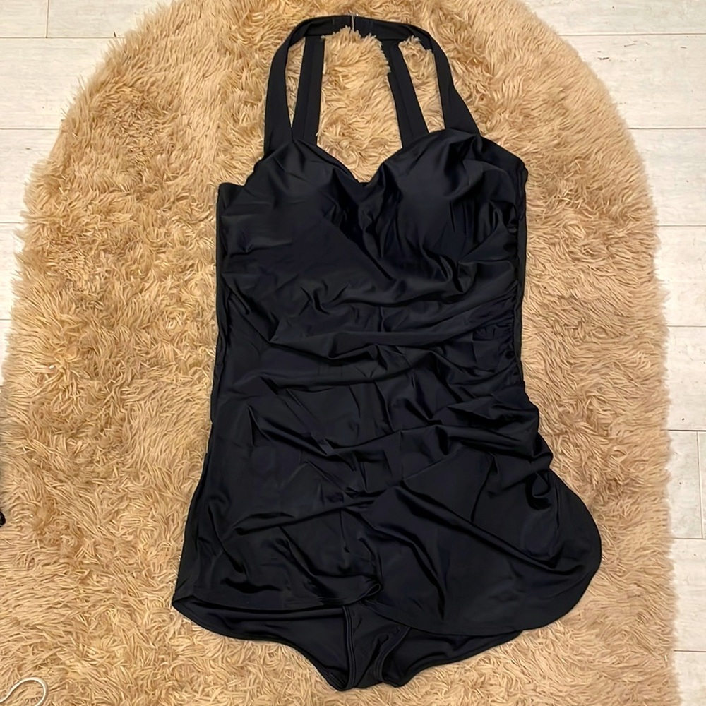 Sporti Ruched Black Skirt One-Piece Bathing Suit, Size 16